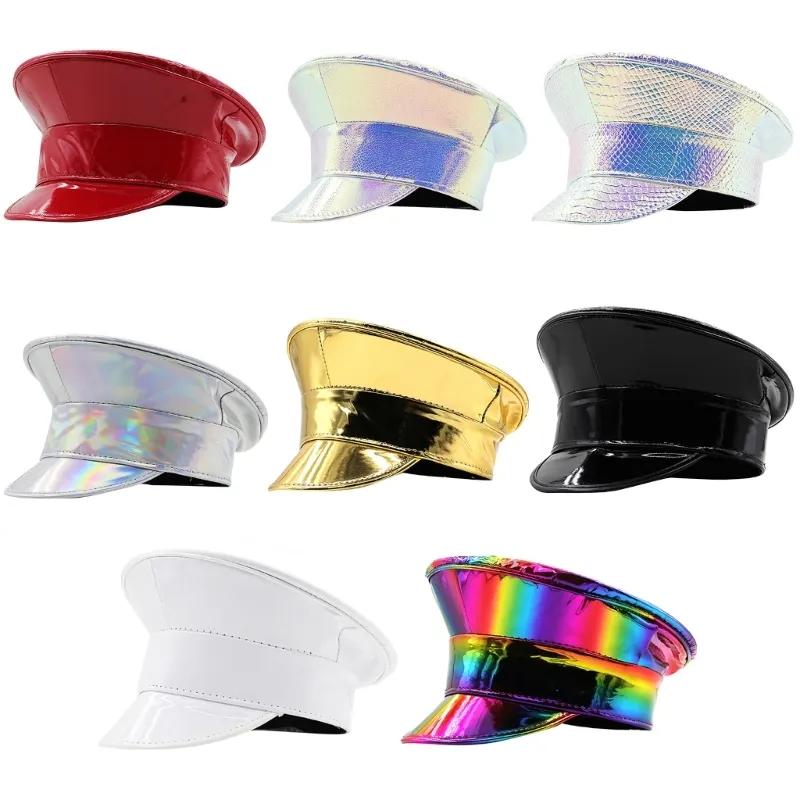 LaserCaptain 모자 패션 댄스 모자 반짝이 특허가죽 모자 힙합 무대 모자
